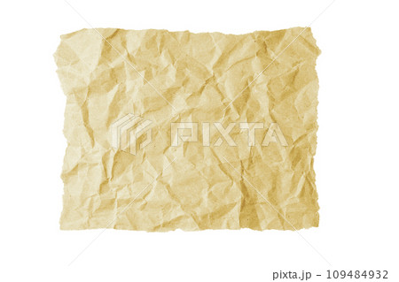 Yellow crumpled sheet of paper with torn edge isolated on white background. 109484932