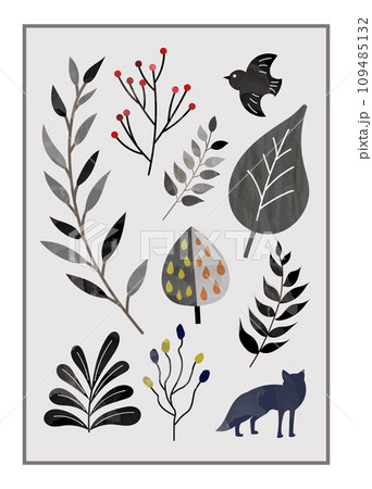 北欧風ポスター葉と小鳥ベクターイラスト 北欧風ポスター葉と小鳥ベクターイラスト 109485132