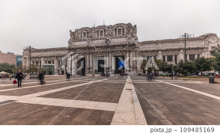Panorama showing Milano Centrale timelapse - the main central railway station of the city of Milan in Italy. Panorama showing Milano Centrale timelapse - the main central railway station of the city of Milan in Italy. 109485169