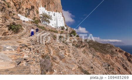The Hozoviotissa Monastery standing on a rock over the Aegean sea in Amorgos island timelapse hyperlapse, Greece. 109485269