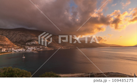 Panorama showing sunset on Amorgos island aerial timelapse from above. Greece Panorama showing sunset on Amorgos island aerial timelapse from above. Greece 109485275