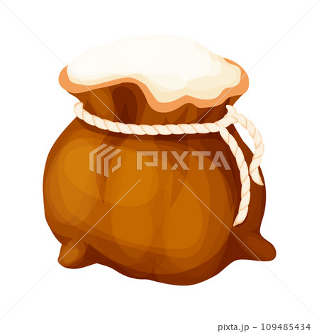 Sack with flour, wheat powder, open bag with rope in cartoon style farm harvest isolated on white background. Packaging  109485434