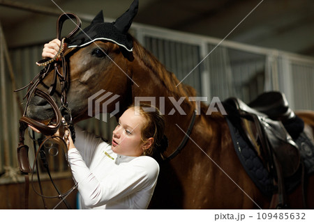Woman rider jockey at stable preparing puts on the bridle horse racing or jumping competition Woman rider jockey at stable preparing puts on the bridle horse racing or jumping competition 109485632