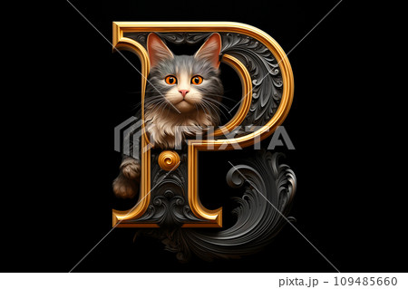 猫とアルファベット - P（黒背景） 109485660