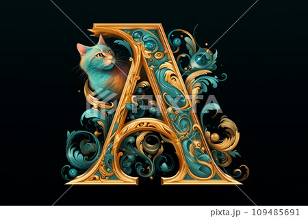 猫とアルファベット - A(黒背景) 猫とアルファベット - A(黒背景) 109485691