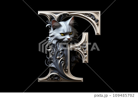 猫とアルファベット - F（黒背景） 109485702