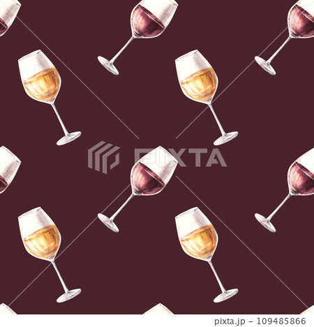 Watercolour seamless pattern with glasses of white and red wine. Hand drawn illustration. Winemaking label, wine list, bar, restaurant menu, packing, wallpaper, textiles. Isolated on dark background. 109485866