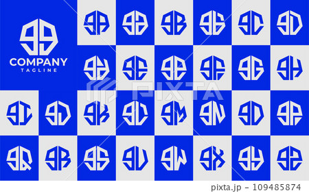 Line heptagon lowercase letter G GG logo design, number 9 99 graphic set 109485874