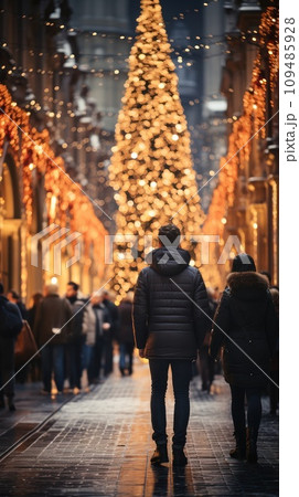 People in Christmas street near a decorated illuminated tree, 109485928