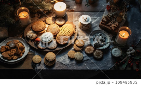 Tasty homemade Christmas cookies on a table, top view. Gingerbread with powdered sugar on a plate. 109485935