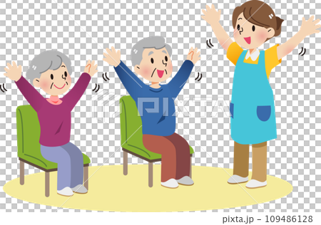 老年人和工作人員坐在椅子上做健康練習 109486128