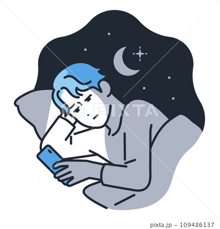 夜中にスマートフォンを見る若い男性のシンプルなベクターイラスト素材 109486137