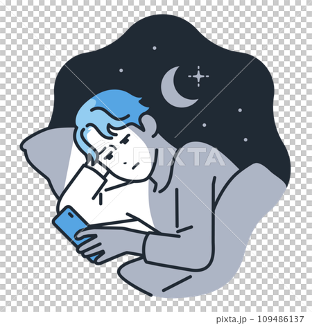 Simple vector illustration material of a young man looking at his smartphone in the middle of the night 109486137