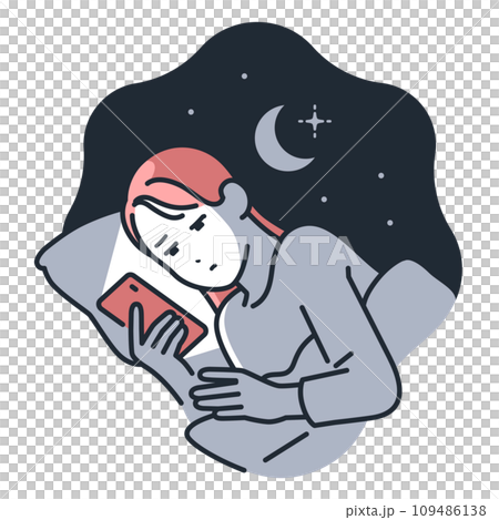 Simple vector illustration material of a young woman looking at her smartphone in the middle of the night 109486138