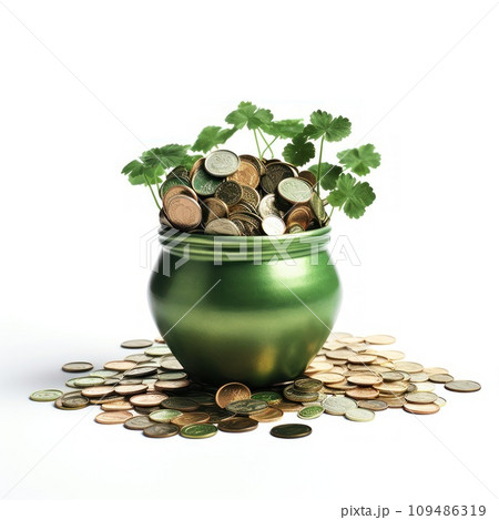 gold coins in a green pot isolated on white 109486319