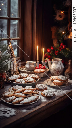 Tasty homemade Christmas cookies on the table. Gingerbread. Christmas holiday treats. 109486374
