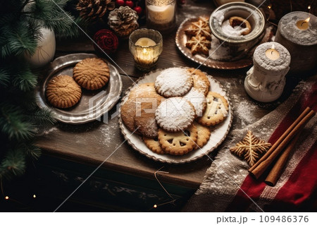 Tasty homemade Christmas cookies on the table. Gingerbread. Top view 109486376