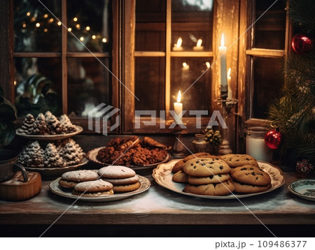 Tasty homemade Christmas cookies on the table. Gingerbread. Christmas holiday treats. 109486377