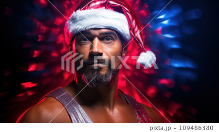 A muscular man in a Christmas hat and sunglasses. Festive lights and sparkles at the backgrounds 109486380