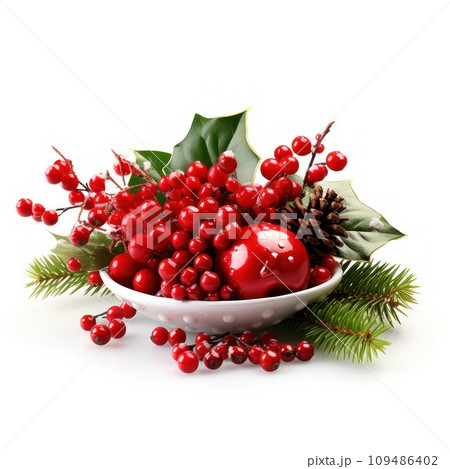 Christmas red berries European holly isolated on white background 109486402