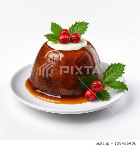 Christmas Pudding With a Sprig Of Holly Isolated On A White Background. Christmas Pudding With a Sprig Of Holly Isolated On A White Background. 109486406