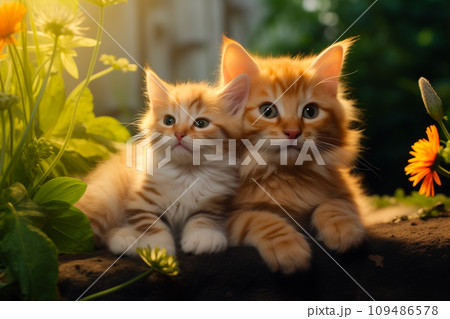 生まれた子猫に外の世界を見せてあげている親猫 生まれた子猫に外の世界を見せてあげている親猫 109486578