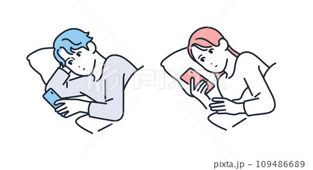寝ながらスマートフォンを見る若い男女のシンプルなベクターイラストセット素材 109486689