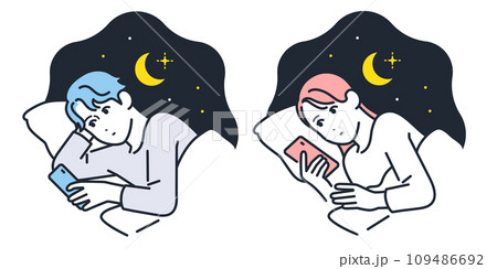 夜中にスマートフォンをチェックする若い男女のシンプルなベクターイラストセット素材 109486692
