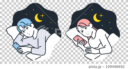 夜中にスマートフォンをチェックする若い男女のシンプルなベクターイラストセット素材 109486692