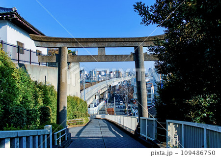 【東京】春の赤羽八幡神社　境内から望むJRの線路と石鳥居 109486750