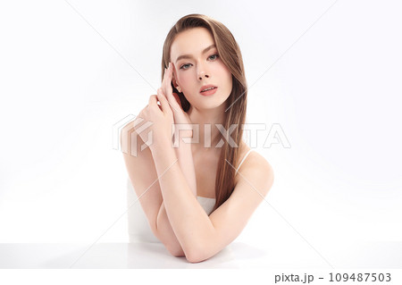 Beautiful young woman with clean fresh skin on white background, Face care, Facial treatment, Cosmetology, beauty and spa, women portrait. Beautiful young woman with clean fresh skin on white background, Face care, Facial treatment, Cosmetology, beauty and spa, women portrait. 109487503