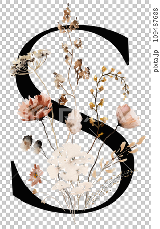 Black capital letter S with brown autumn watercolor wildflowers and leaves, isolated illustration 109487688