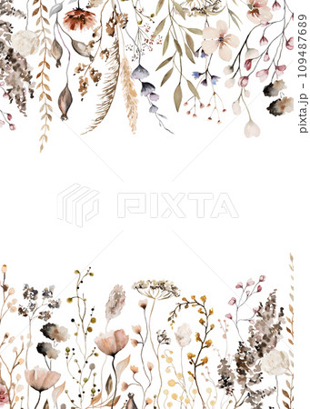 Border with watercolor border with autumn brown wild flowers and leaves, wedding illustration 109487689
