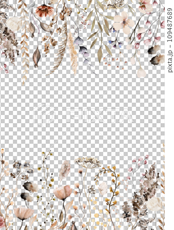 Border with watercolor border with autumn brown wild flowers and leaves, wedding illustration 109487689