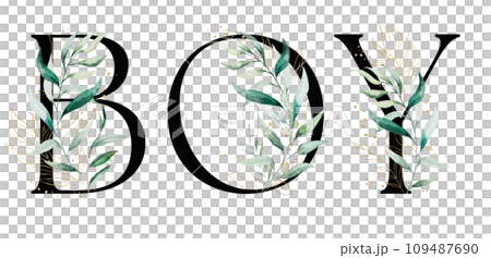 Word BOY made with Black letters with green watercolor leaves, isolated wedding illustration 109487690