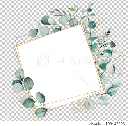 Frame with green and golden watercolor eucalyptus leaves, isolated wedding illustration 109487698