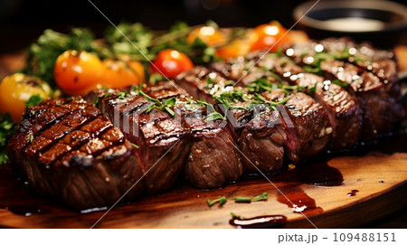 Closeup of grilled meat with vegetables on barbecue grill with smoke. 109488151