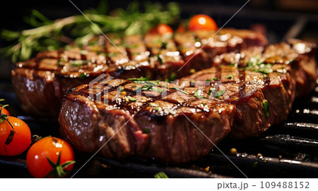 Closeup of grilled meat with vegetables on barbecue grill with smoke. 109488152