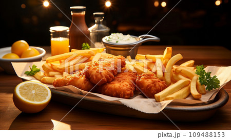 Delicious fish and chips dishes. 109488153
