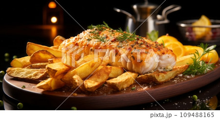 Delicious fish and chips dishes. 109488165