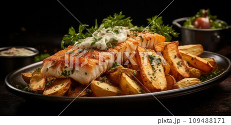 Delicious fish and chips dishes. 109488171
