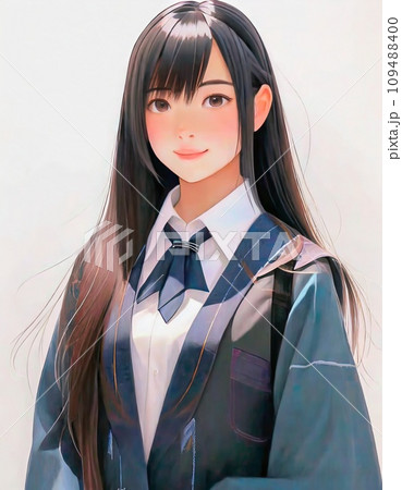 真正面の黒髪の女子学生 アニメ風のイラスト 109488400