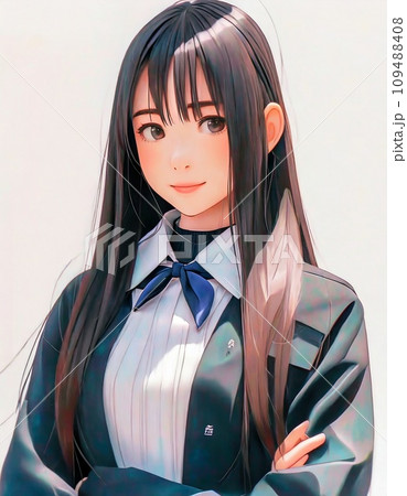 真正面の黒髪の女子学生 アニメ風のイラストのイラスト素材 [109488408