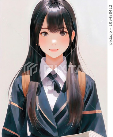 アニメ風女性イラスト正面 真正面の黒髪の女子学生 アニメ風のイラストのイラスト素材 [109488412