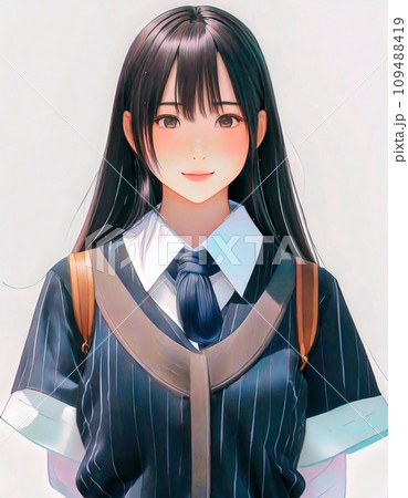 アニメ風女性イラスト正面 真正面の黒髪の女子学生 アニメ風のイラストのイラスト素材 [109488419
