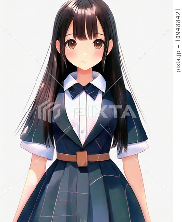 真正面の黒髪の女子学生 アニメ風のイラストのイラスト素材 [109488421