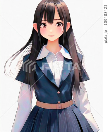 アニメ風女性イラスト正面 真正面の黒髪の女子学生 アニメ風のイラストのイラスト素材 [109488423
