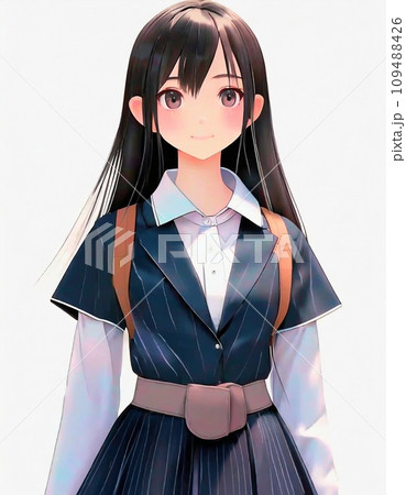 真正面の黒髪の女子学生 アニメ風のイラストのイラスト素材 [109488426