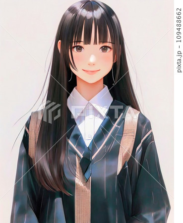 真正面の黒髪の女子学生 アニメ風のイラスト 真正面の黒髪の女子学生 アニメ風のイラスト 109488662