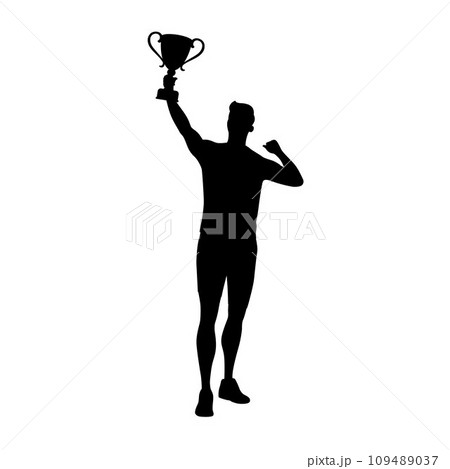 Sport winner holding a winning trophy, happy man with trophy cup silhouette	 109489037